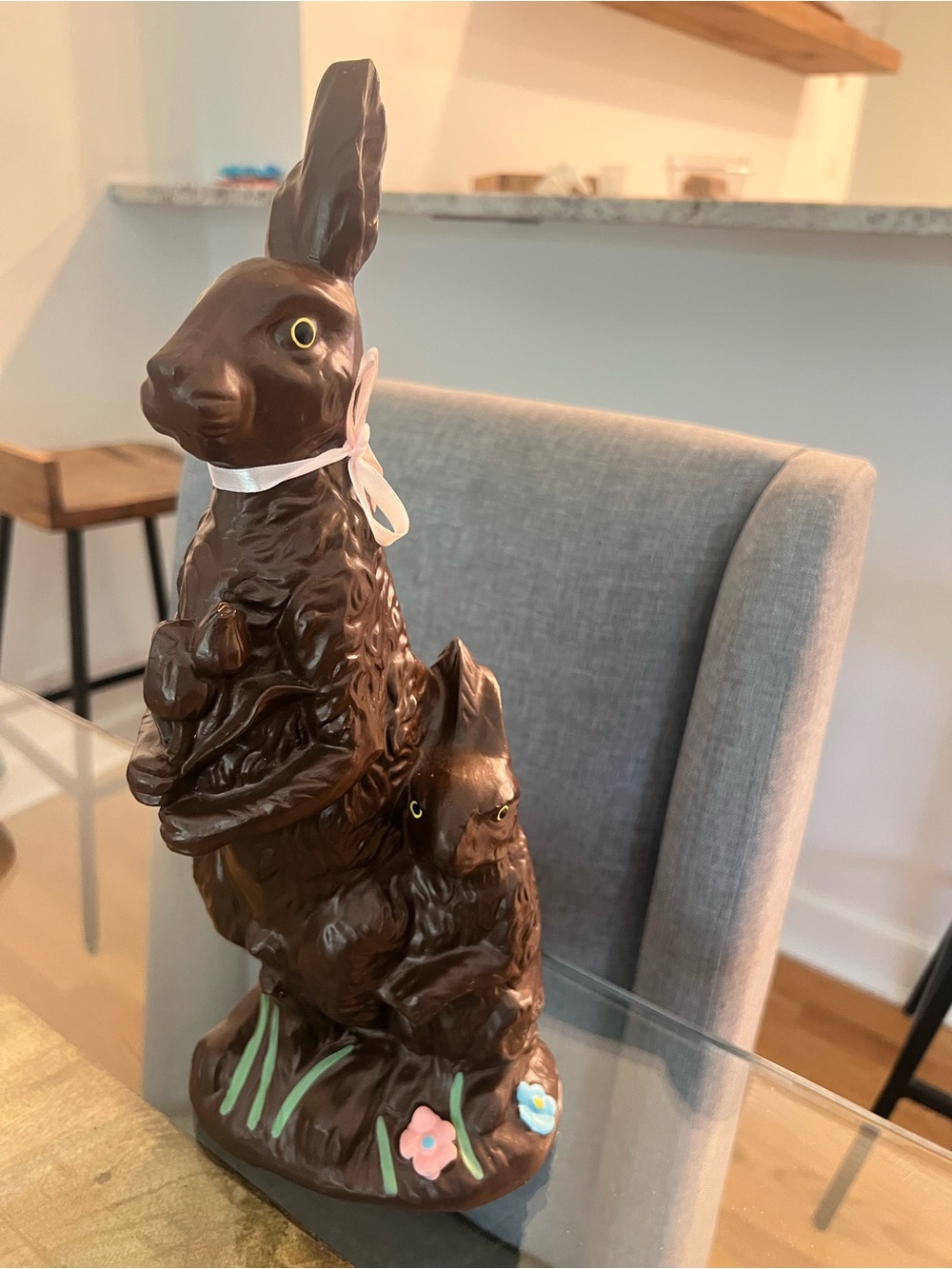 Large faux Chocolate Bunny Figurine with Baby Bunny - Brown